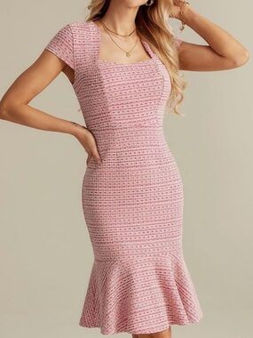 Grace Karin Pink Square-Neck Midi Tweed Dress with Flounce Hem